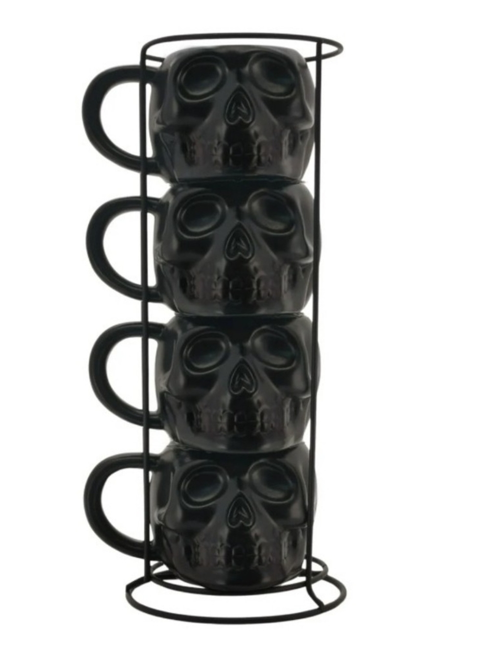 NEW Black Skull Stackable Mugs with Rack - Set of 4